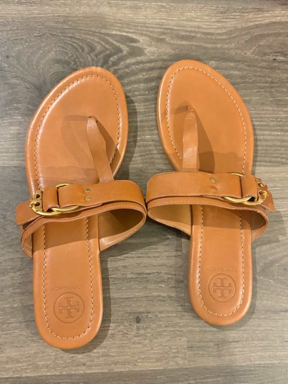 Tory Burch Cognac Leather Toe-Loop Sandals with Gold Hardware
